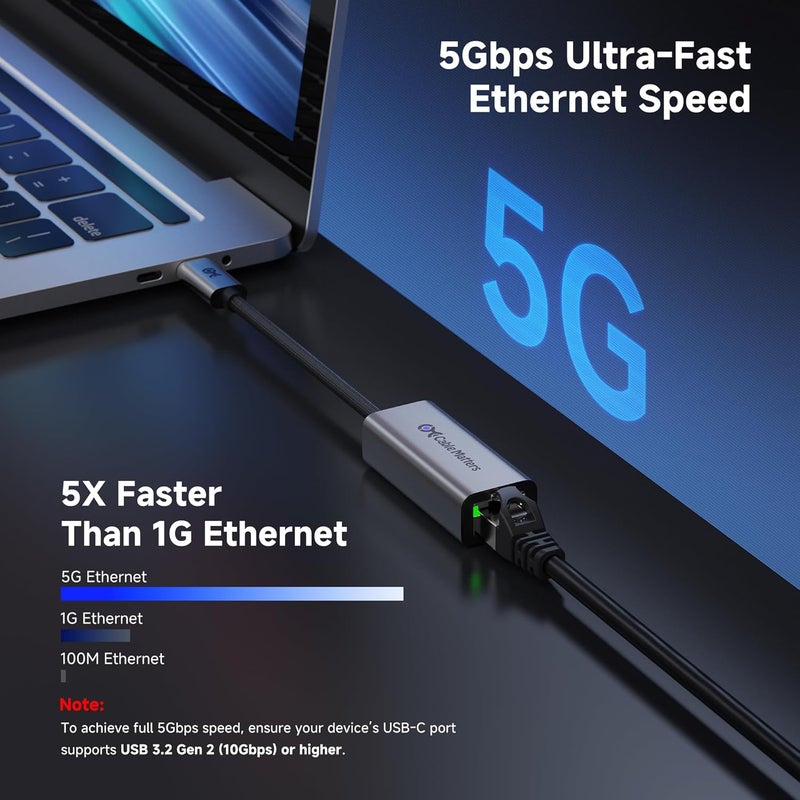 CableMatters محول USB C إلى Ethernet بسرعة 5Gb، سرعة شبكة 5 جيجابت، محول USB C إلى Ethernet متوافق مع USB4، Thunderbolt 4/5، توصيل وتشغيل لجهاز MacBook، الكمبيوتر المحمول، وأجهزة USBC - Image 2